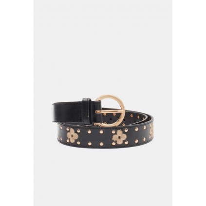 Flower Studded Belt | Black/Camel