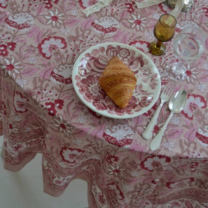 Noor Block Print Tablecloth | Beige & Rose