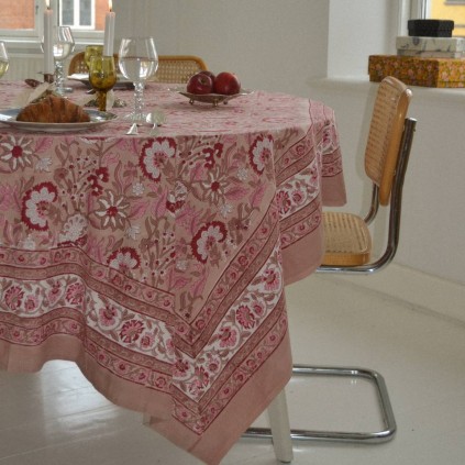 Noor Block Print Tablecloth | Beige & Rose